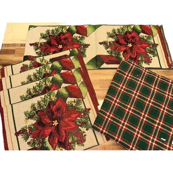 Christmas tapestry Linens 4 Placematt  1 Runner 1 tablecloth poinsettia plaid - Picture 1 of 16